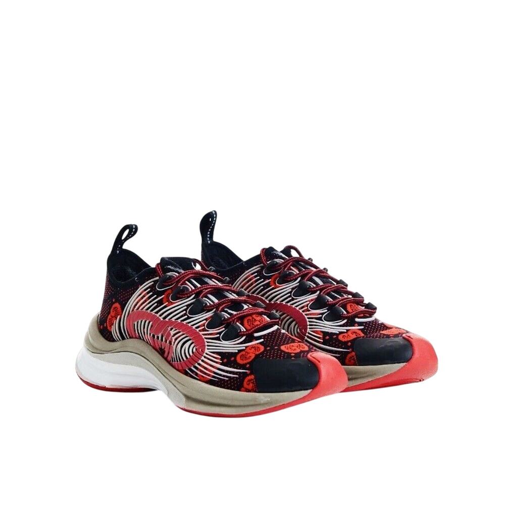 NIB Gucci Run Knit Sneaker Men UK 9 US 9.5 Black Red Interlocking G Monogram
